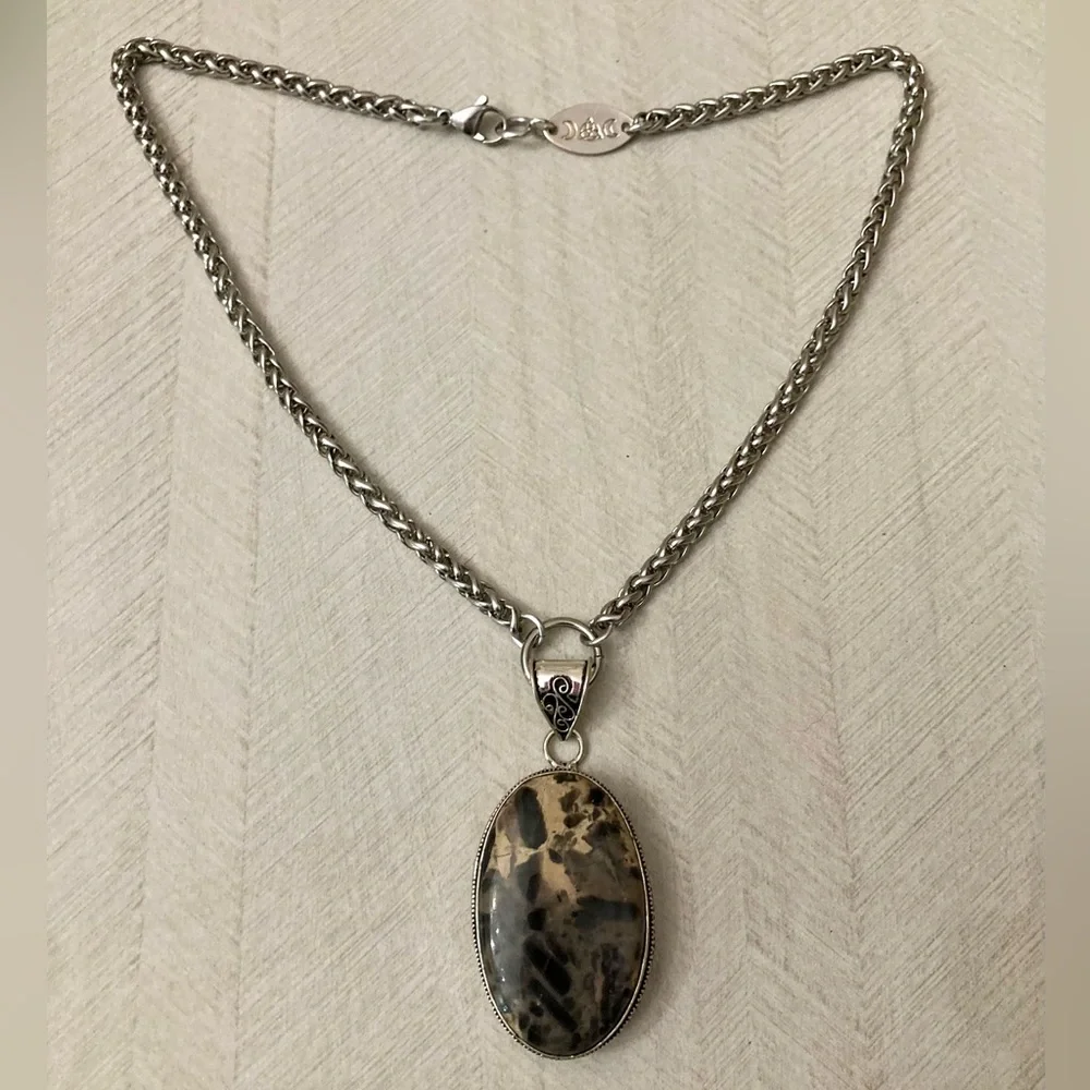 925 Sterling silver overlay marble jasper charm gemstone boho necklace - Picture 9 of 11